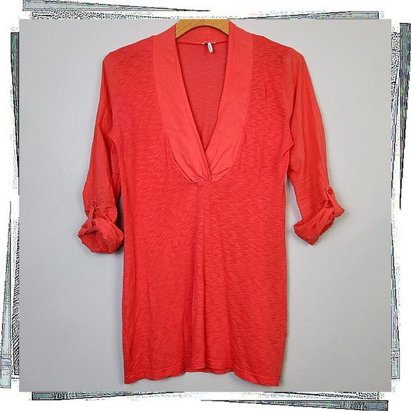 Peacock Red Mixed Media Popover Top w/ Roll Tab Sleeves (S) by Splendid - Picture 1 of 3